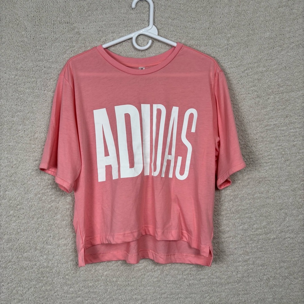 Adidas Top Women XL Pink Logo Print Short Sleeve Boxy Pull Over Round Neck Shirt